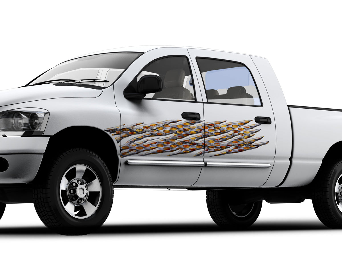 Flaming Barbwire vinyl graphics on the side of pickup truck 